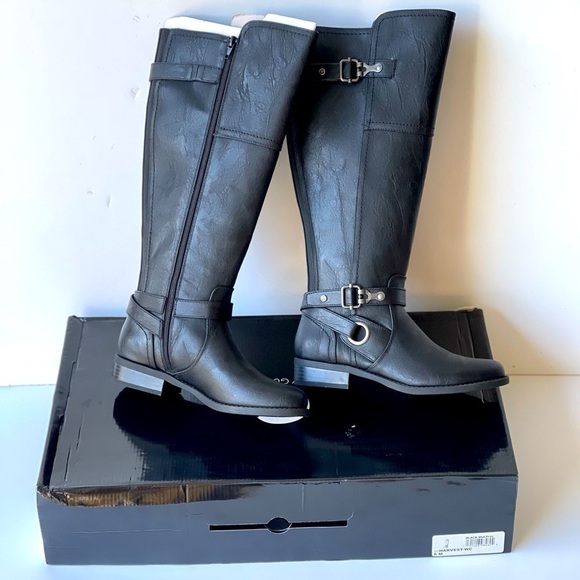 G by Guess Black Knee High Boots w Buckle Flat Low Heel Black Tall Boots, Sz 6M - Picture 1 of 12